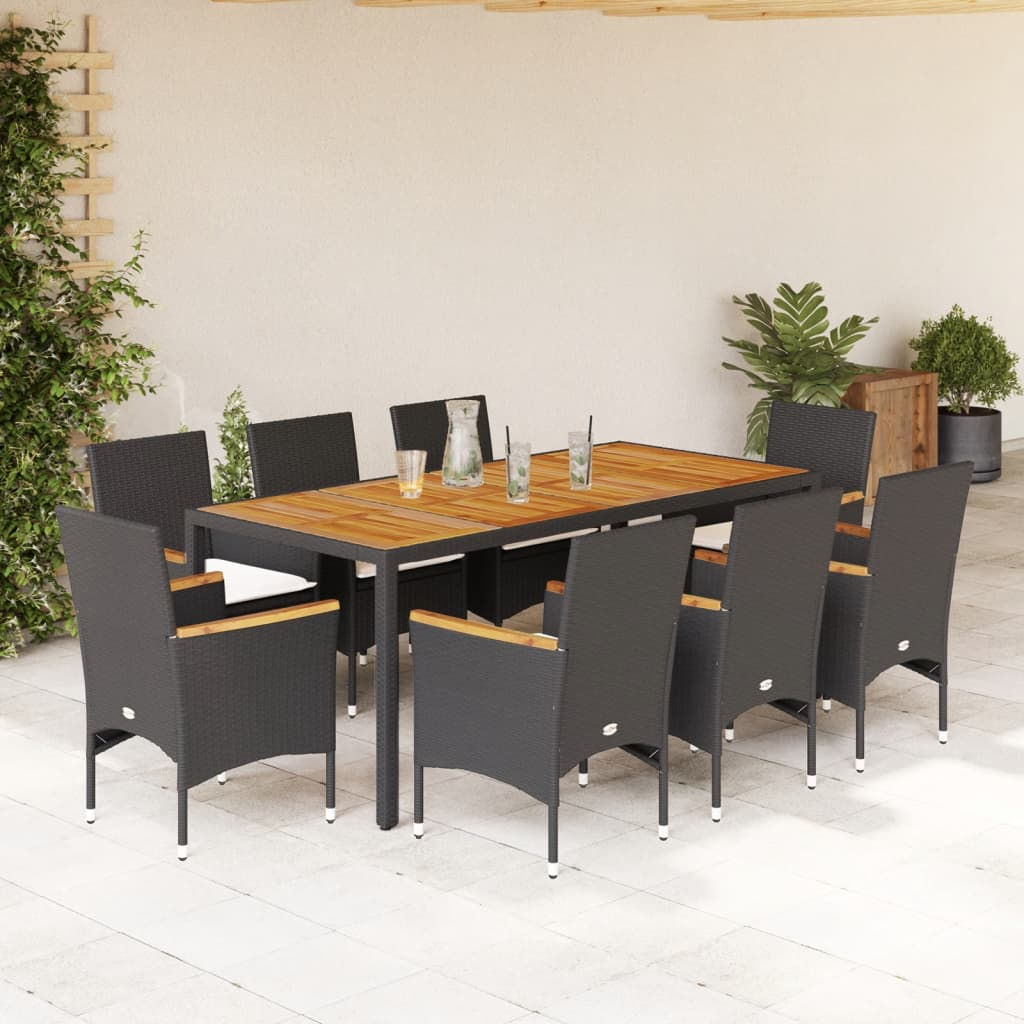 Set Pranzo da Giardino 9 pz con Cuscini Nero Polyrattan Acacia | homemem39