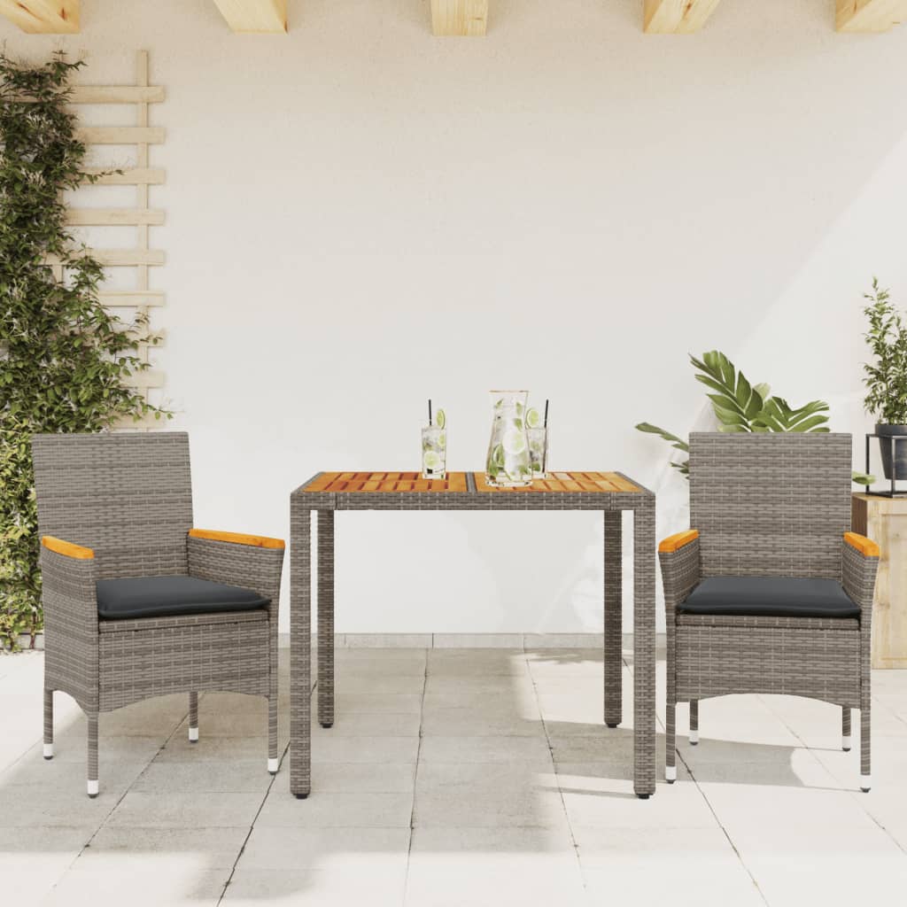 Set Pranzo da Giardino 3pz con Cuscini Polyrattan Acacia Grigio | homemem39