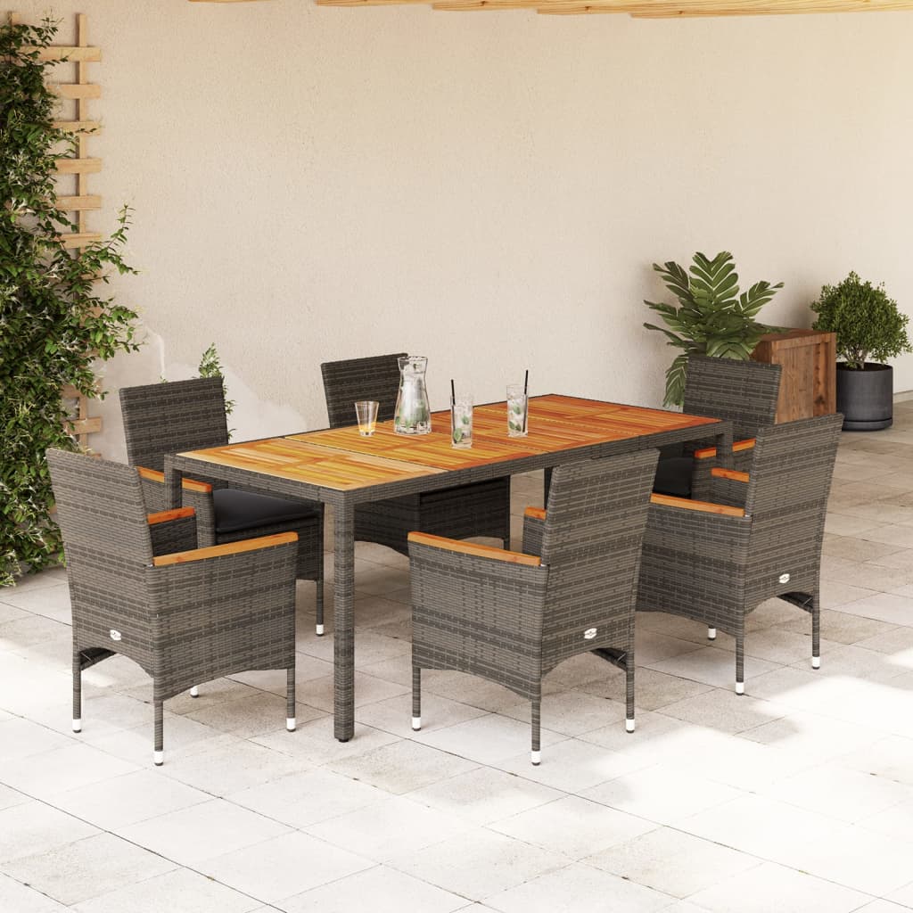 Set Pranzo da Giardino 7pz con Cuscini Polyrattan Acacia Grigio | homemem39