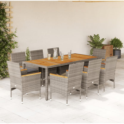 Set Pranzo da Giardino 9pz con Cuscini Polyrattan Acacia Grigio - homemem39