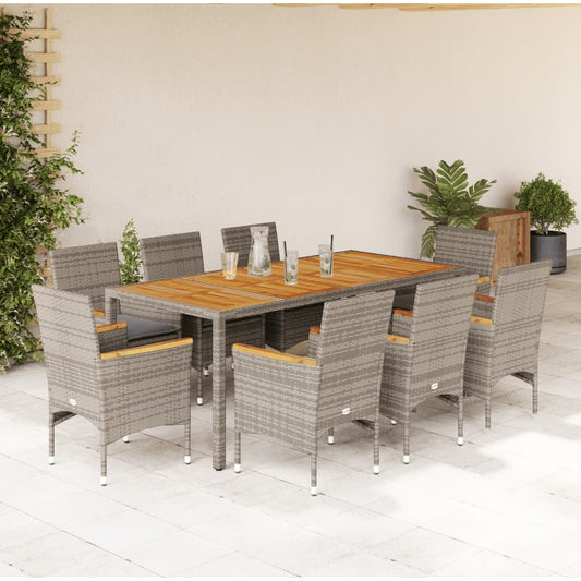 Set Pranzo da Giardino 9pz con Cuscini Polyrattan Acacia Grigio - homemem39