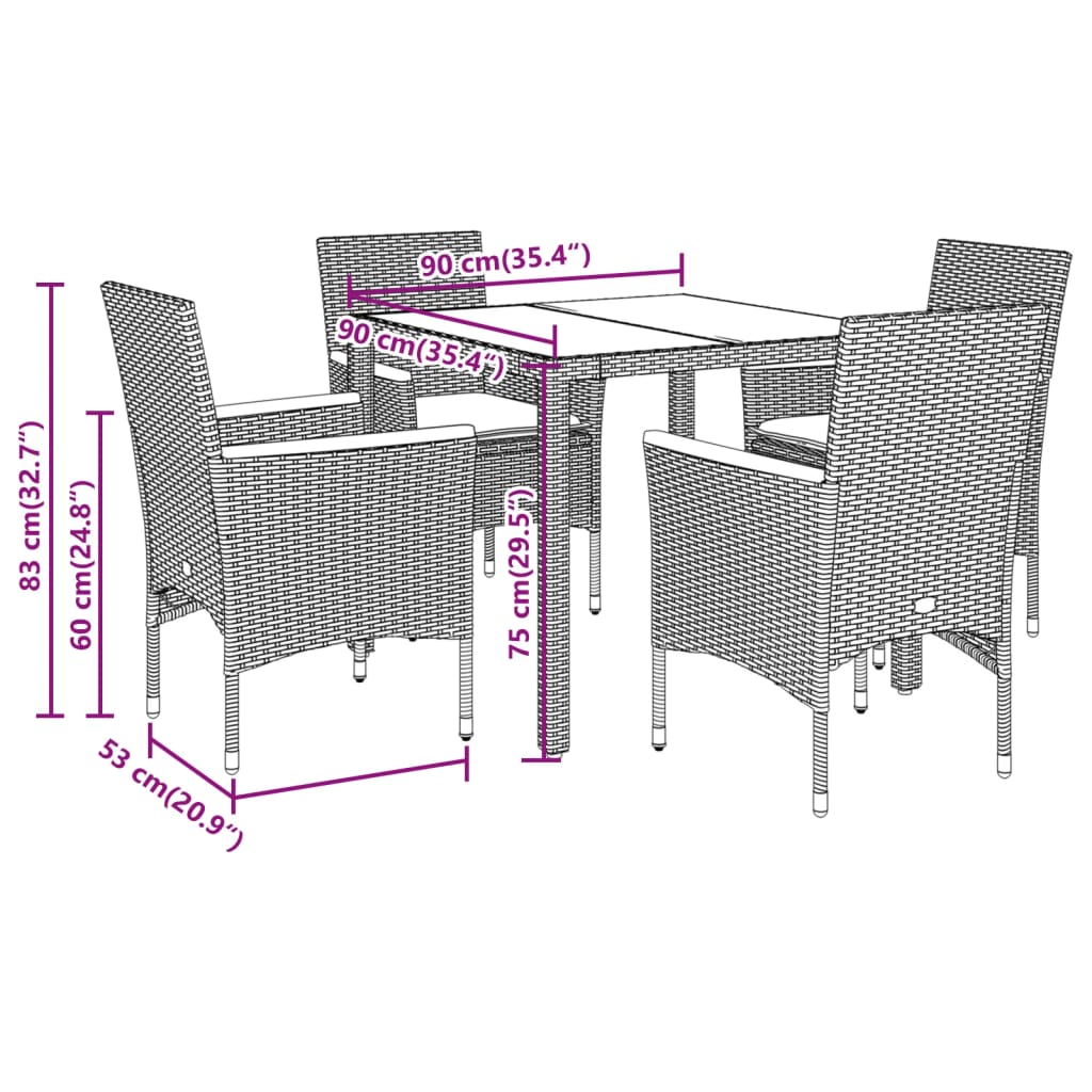 Set da Pranzo da Giardino con Cuscini 5 pz Polyrattan e Vetro | homemem39