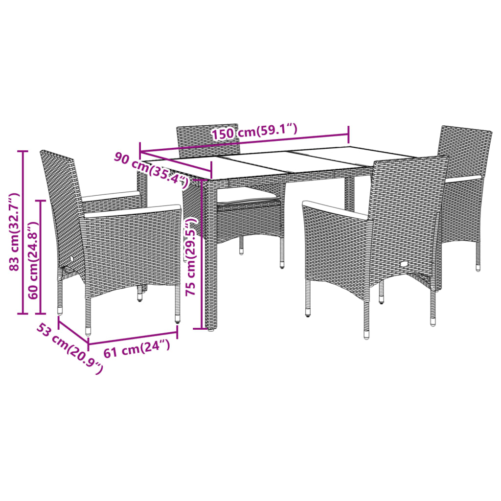Set da Pranzo da Giardino con Cuscini 5 pz Polyrattan e Vetro | homemem39