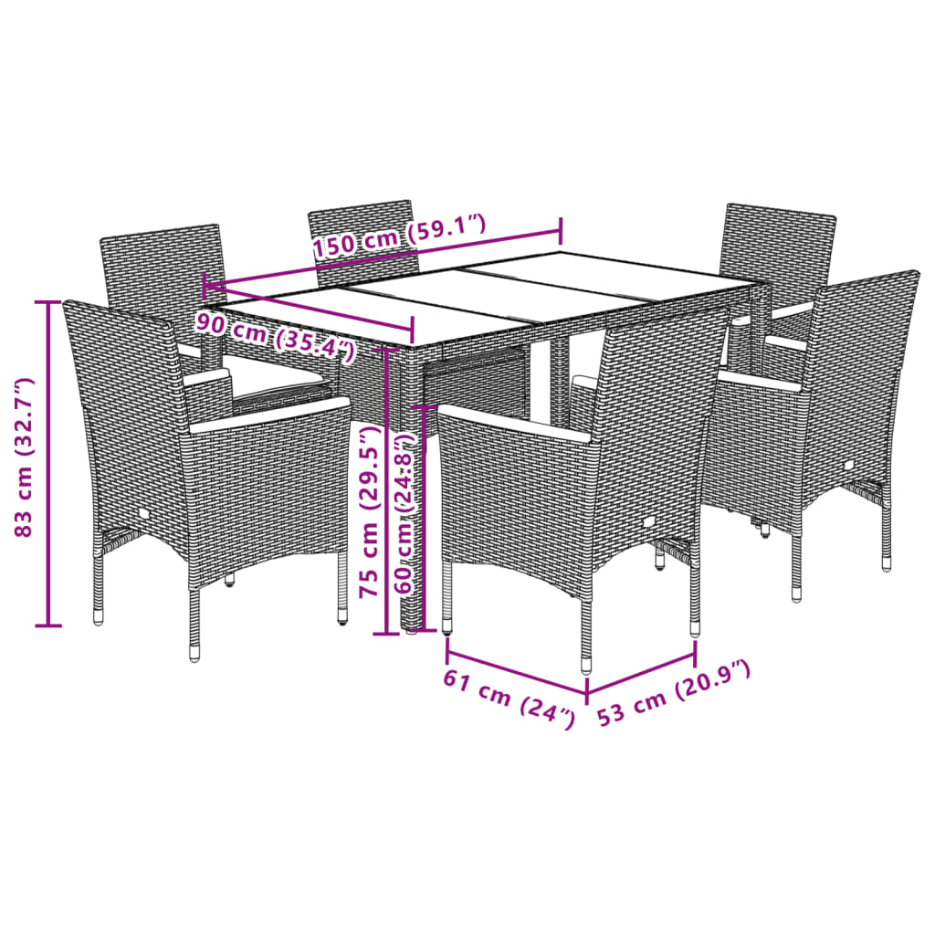 Set Pranzo da Giardino 7 pz Nero con Cuscini Polyrattan Acacia | homemem39