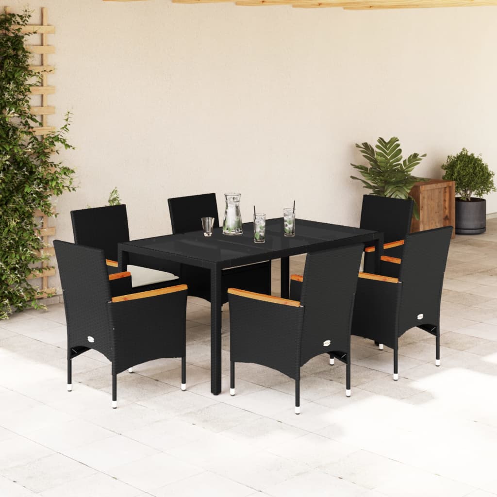 Set Pranzo da Giardino 7 pz Nero con Cuscini Polyrattan Acacia - homemem39
