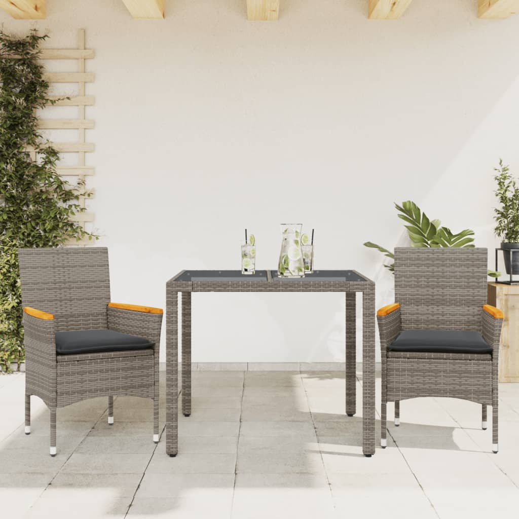 Set da Pranzo da Giardino 3pz con Cuscini in Polyrattan e Vetro - homemem39