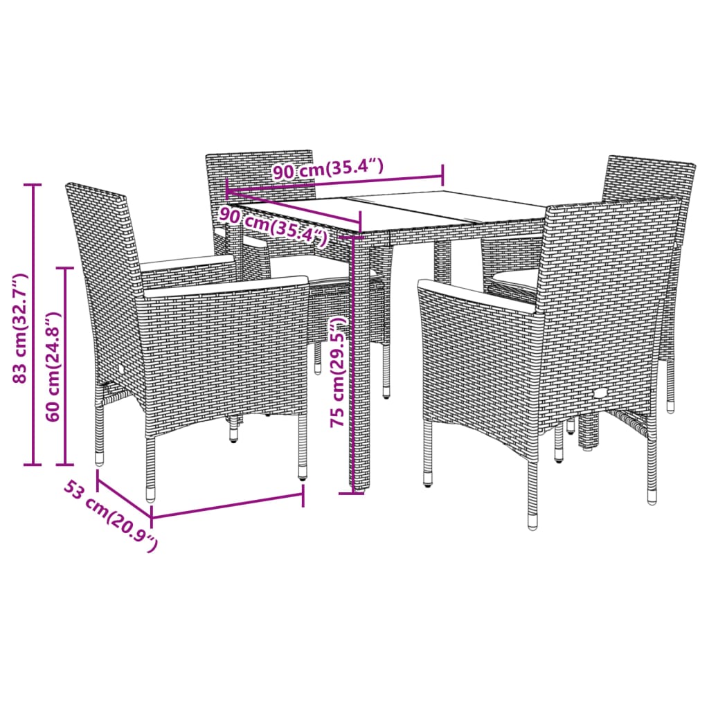 Set da Pranzo da Giardino 5 pz con Cuscini Polyrattan e Vetro | homemem39