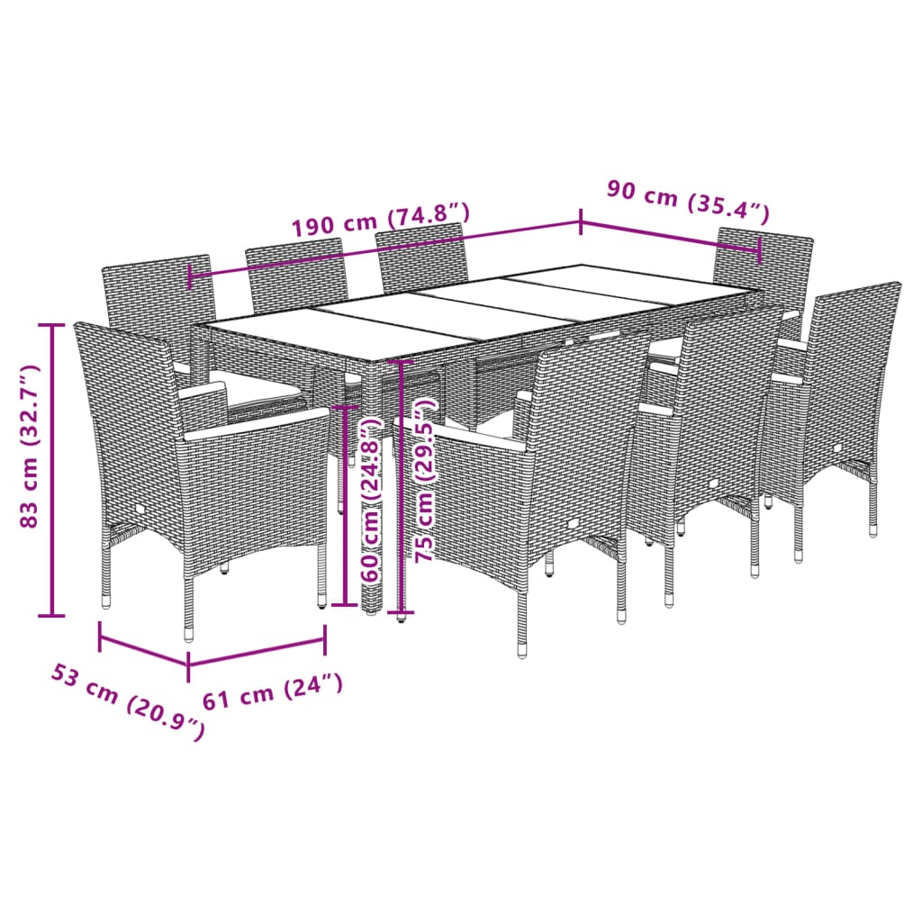 Set da Pranzo da Giardino 9 pz con Cuscini Polyrattan e Vetro | homemem39