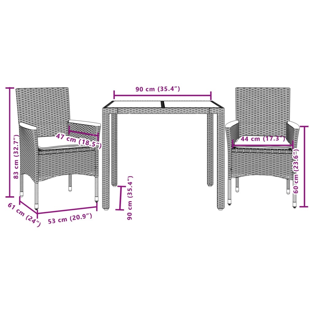 Set da Pranzo da Giardino 3 pz con Cuscini Polyrattan e Vetro | homemem39