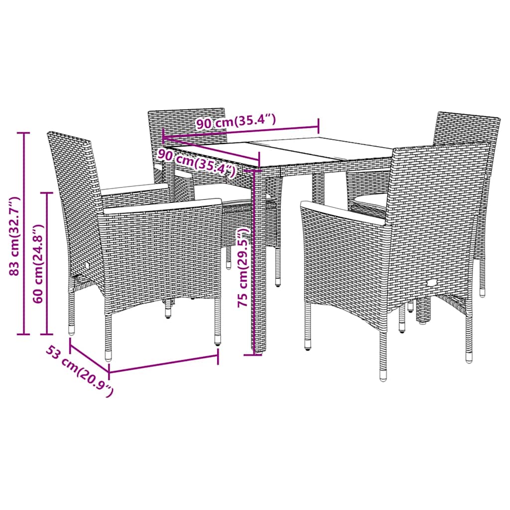 Set da Pranzo da Giardino 5 pz con Cuscini Polyrattan e Vetro | homemem39