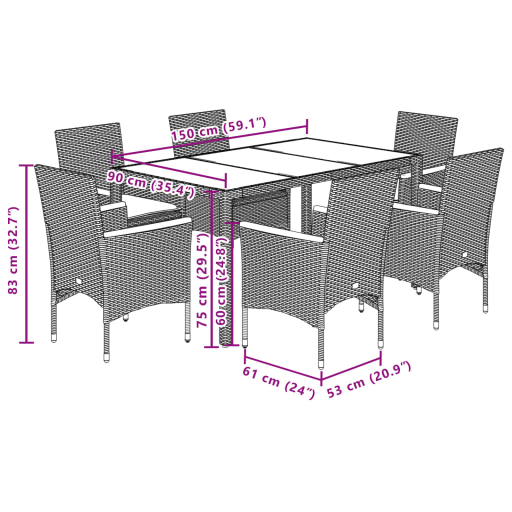 Set da Pranzo da Giardino 7 pz con Cuscini Polyrattan e Vetro | homemem39