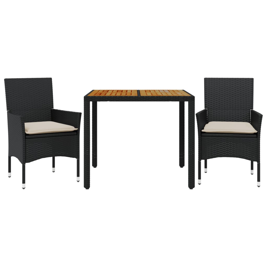 Set Pranzo da Giardino 3 pz con Cuscini Nero Polyrattan Acacia | homemem39