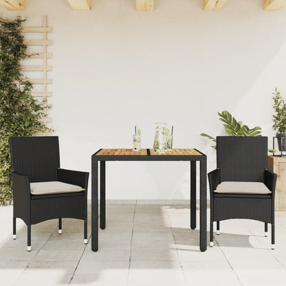 Set Pranzo da Giardino 3 pz con Cuscini Nero Polyrattan Acacia | homemem39