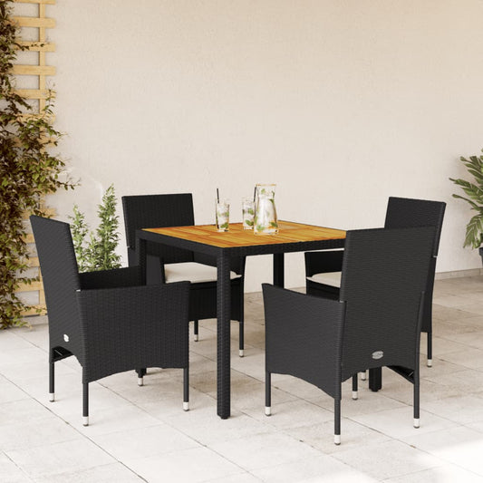 Set Pranzo da Giardino 5 pz con Cuscini Nero Polyrattan Acacia | homemem39