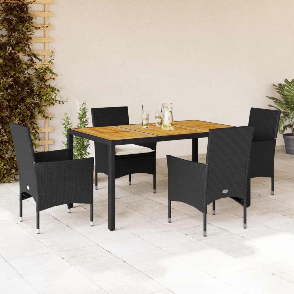 Set Pranzo da Giardino 5 pz con Cuscini Nero Polyrattan Acacia | homemem39