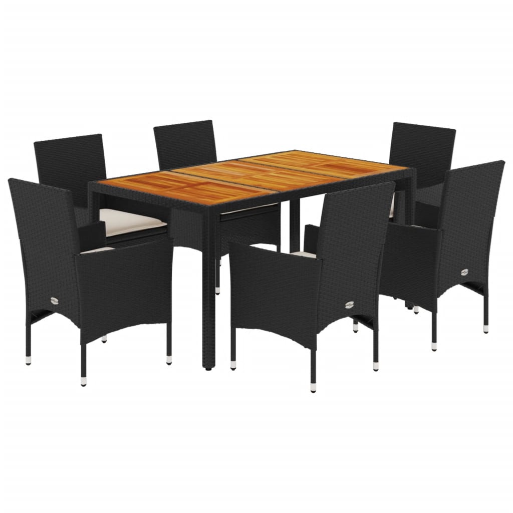 Set Pranzo da Giardino 7 pz Nero con Cuscini Polyrattan Acacia - homemem39