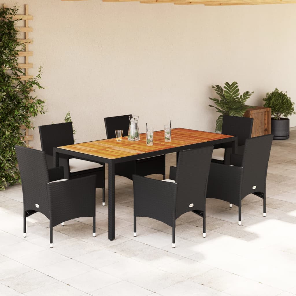 Set Pranzo da Giardino 7 pz Nero con Cuscini Polyrattan Acacia - homemem39