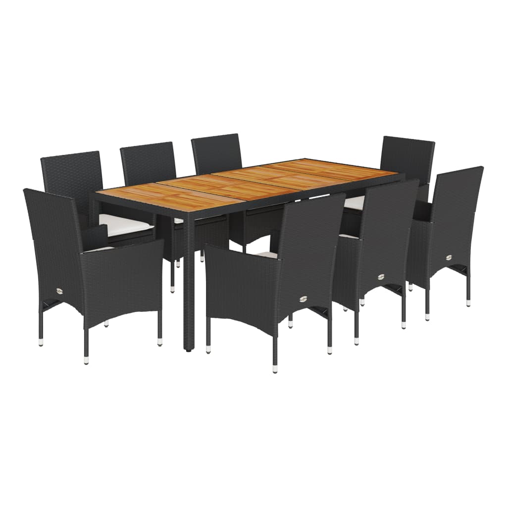 Set Pranzo da Giardino 9 pz con Cuscini Nero Polyrattan Acacia - homemem39