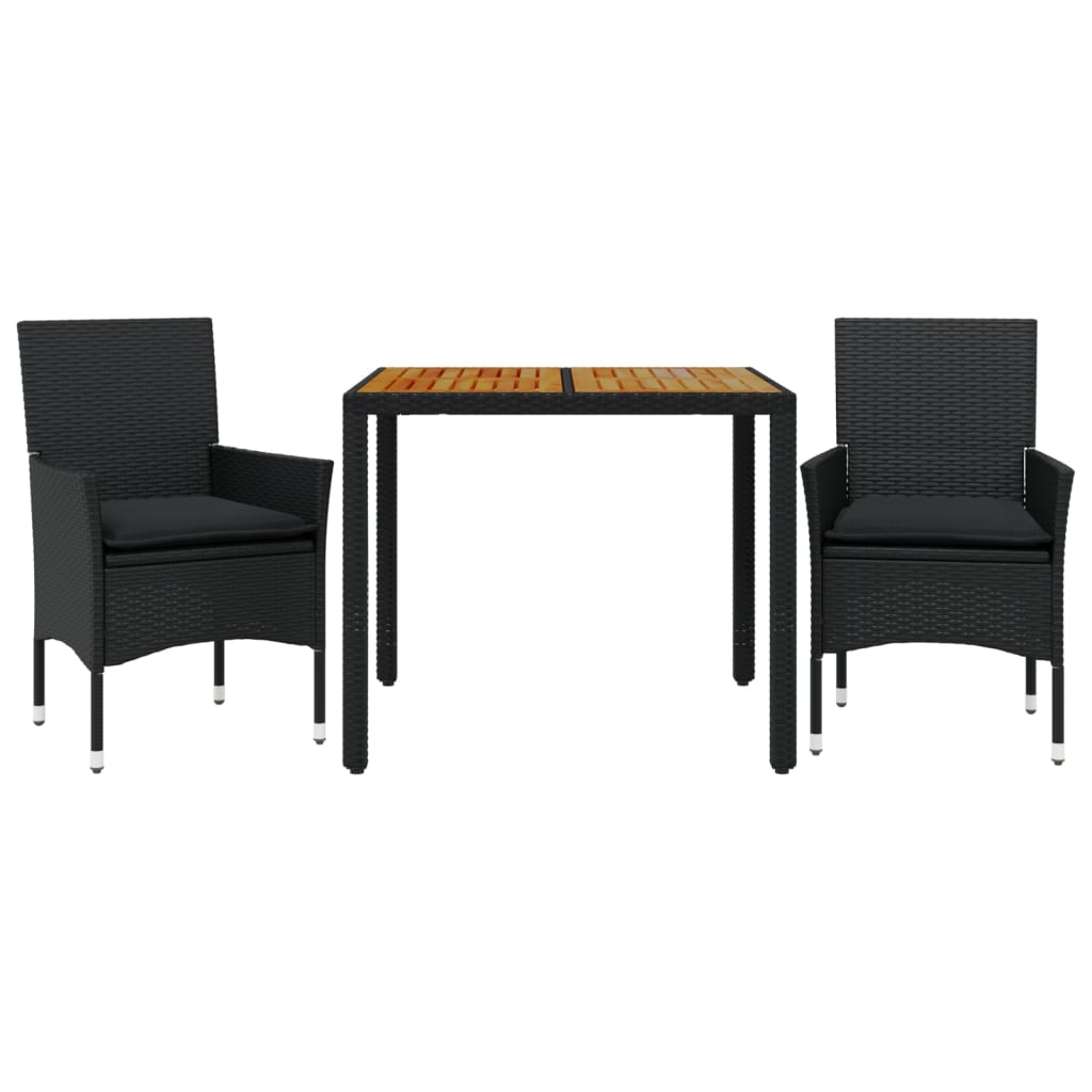 Set Pranzo da Giardino 3 pz con Cuscini Nero Polyrattan Acacia | homemem39