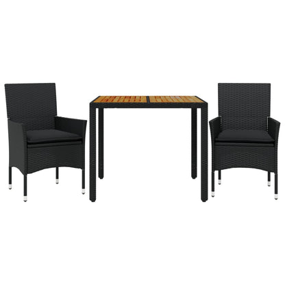 Set Pranzo da Giardino 3 pz con Cuscini Nero Polyrattan Acacia | homemem39