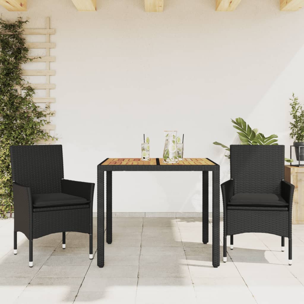 Set Pranzo da Giardino 3 pz con Cuscini Nero Polyrattan Acacia | homemem39