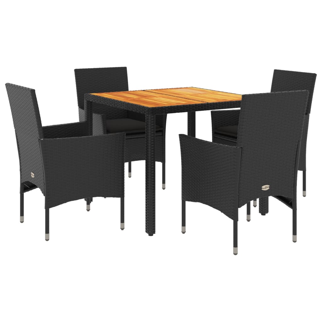 Set Pranzo da Giardino 5 pz con Cuscini Nero Polyrattan Acacia | homemem39