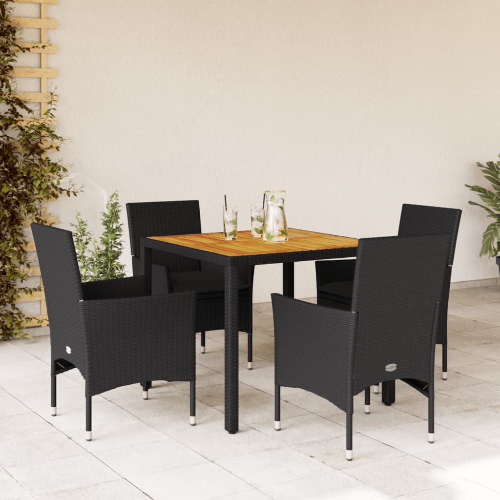 Set Pranzo da Giardino 5 pz con Cuscini Nero Polyrattan Acacia - homemem39