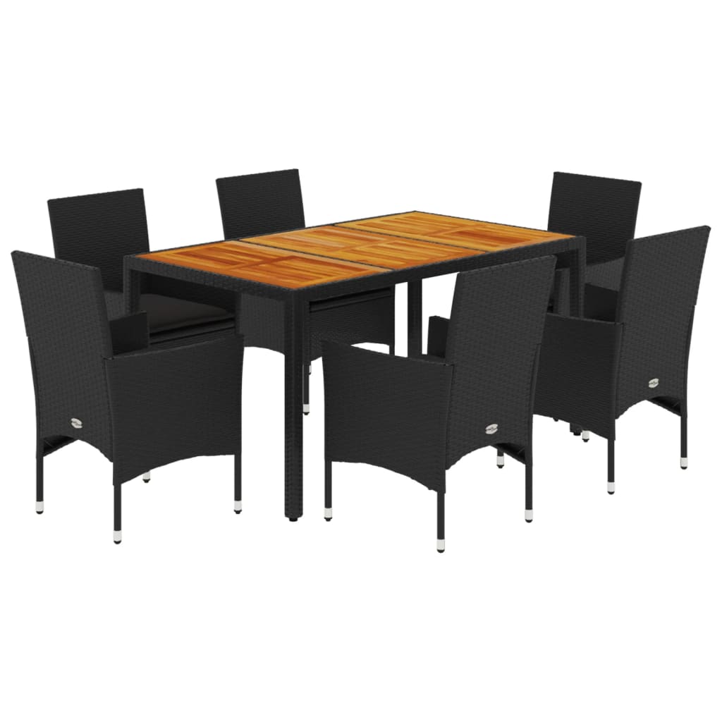 Set Pranzo da Giardino 7 pz Nero con Cuscini Polyrattan Acacia | homemem39