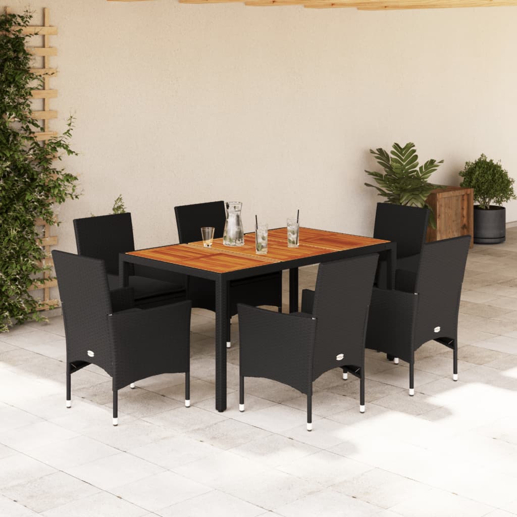 Set Pranzo da Giardino 7 pz Nero con Cuscini Polyrattan Acacia - homemem39