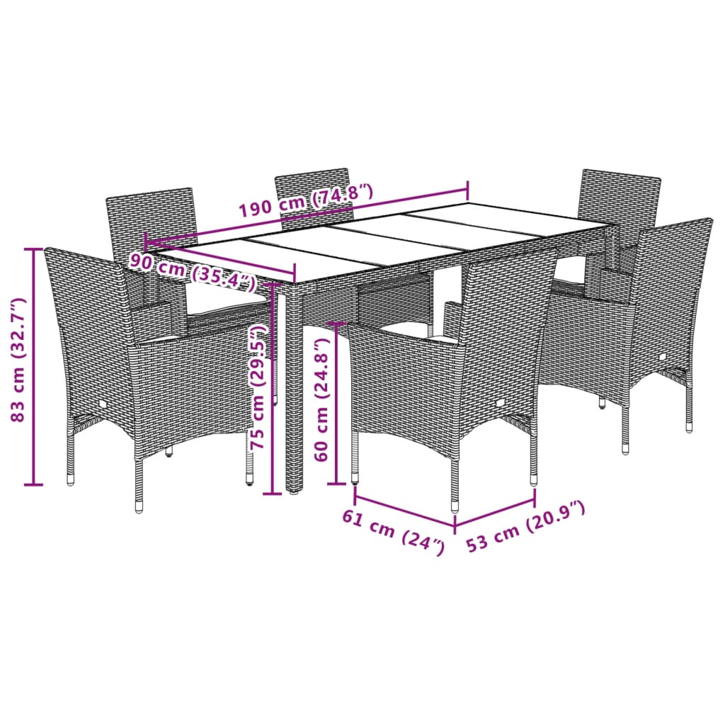 Set Pranzo da Giardino 7 pz Nero con Cuscini Polyrattan Acacia | homemem39