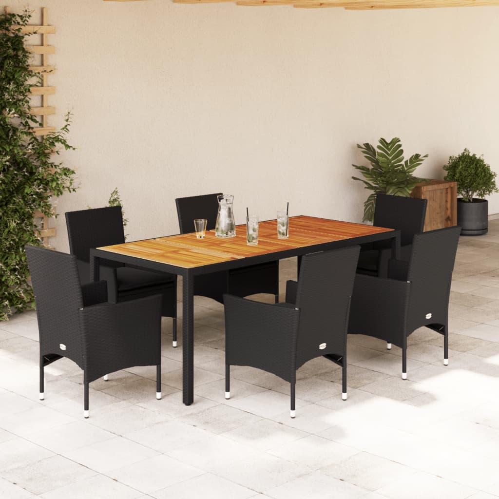 Set Pranzo da Giardino 7 pz Nero con Cuscini Polyrattan Acacia - homemem39