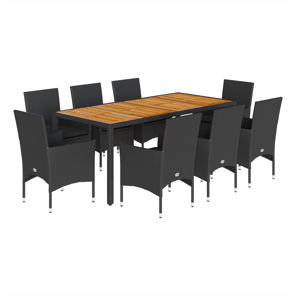 Set Pranzo da Giardino 9 pz con Cuscini Nero Polyrattan Acacia | homemem39