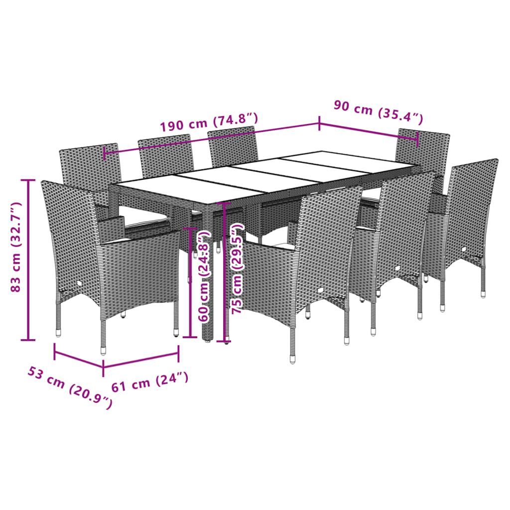 Set Pranzo da Giardino 9 pz con Cuscini Nero Polyrattan Acacia | homemem39