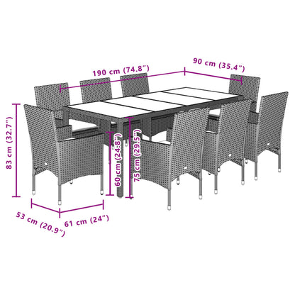 Set Pranzo da Giardino 9 pz con Cuscini Nero Polyrattan Acacia | homemem39