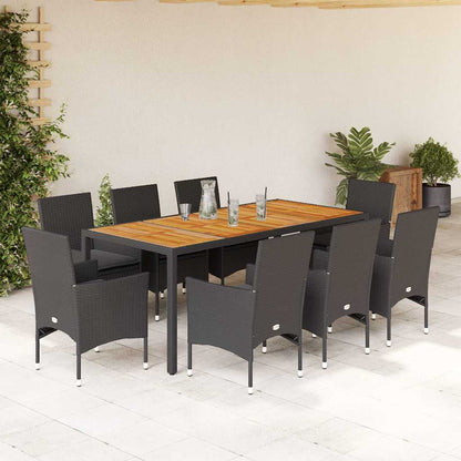 Set Pranzo da Giardino 9 pz con Cuscini Nero Polyrattan Acacia | homemem39