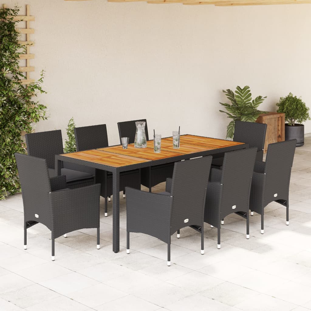 Set Pranzo da Giardino 9 pz con Cuscini Nero Polyrattan Acacia - homemem39