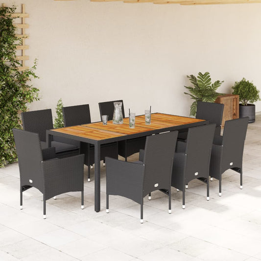 Set Pranzo da Giardino 9 pz con Cuscini Nero Polyrattan Acacia - homemem39