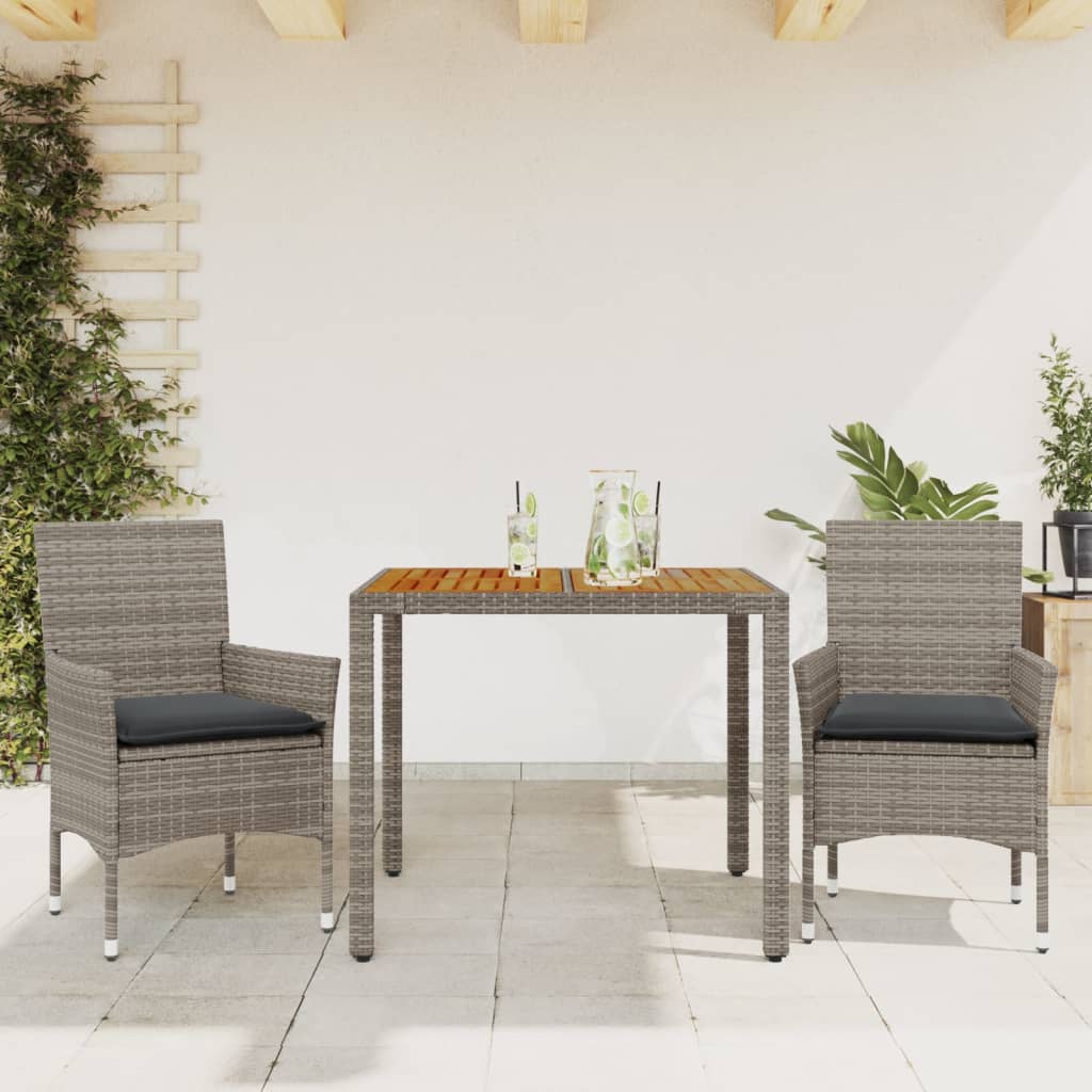 Set Pranzo da Giardino 3pz con Cuscini Polyrattan Acacia Grigio - homemem39