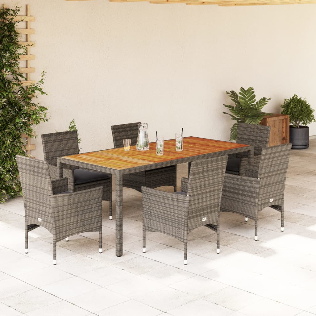 Set Pranzo da Giardino 7pz con Cuscini Polyrattan Acacia Grigio | homemem39