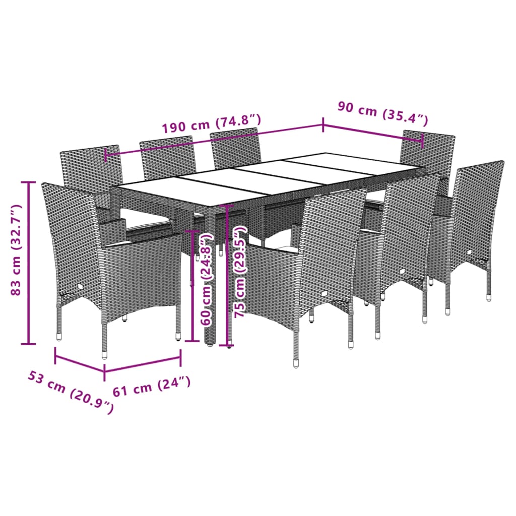 Set Pranzo da Giardino 9pz con Cuscini Polyrattan Acacia Grigio | homemem39