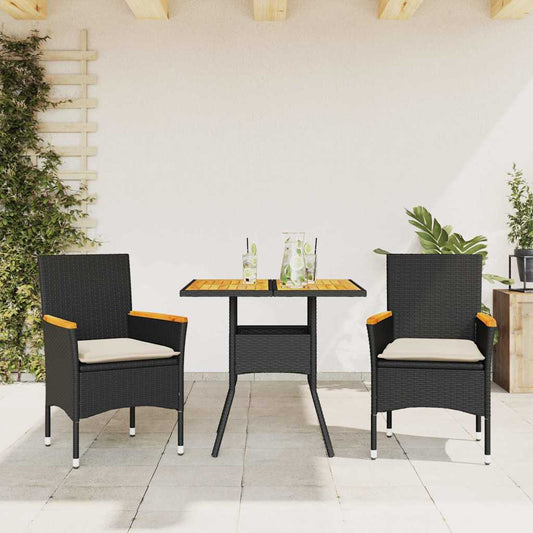 Set Pranzo da Giardino 3 pz con Cuscini Nero Polyrattan Acacia | homemem39
