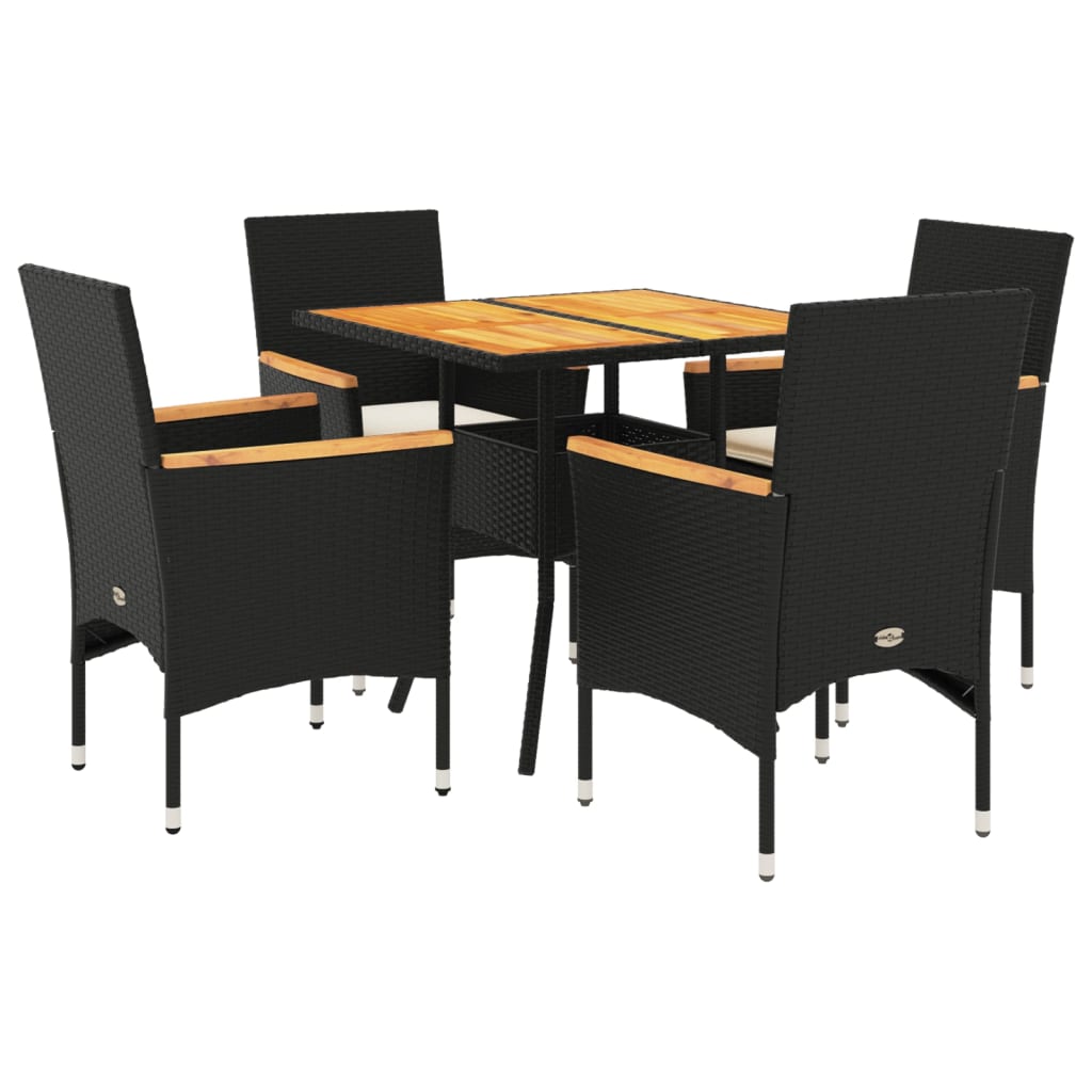 Set Pranzo da Giardino 5 pz con Cuscini Nero Polyrattan Acacia - homemem39