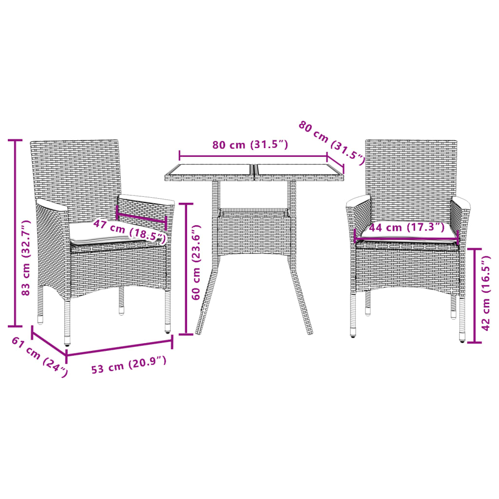 Set Pranzo da Giardino 3pz con Cuscini Polyrattan Acacia Grigio | homemem39