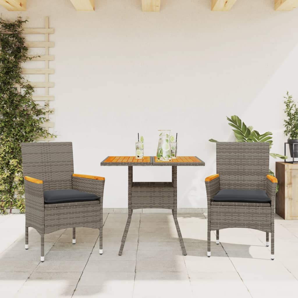 Set Pranzo da Giardino 3pz con Cuscini Polyrattan Acacia Grigio | homemem39