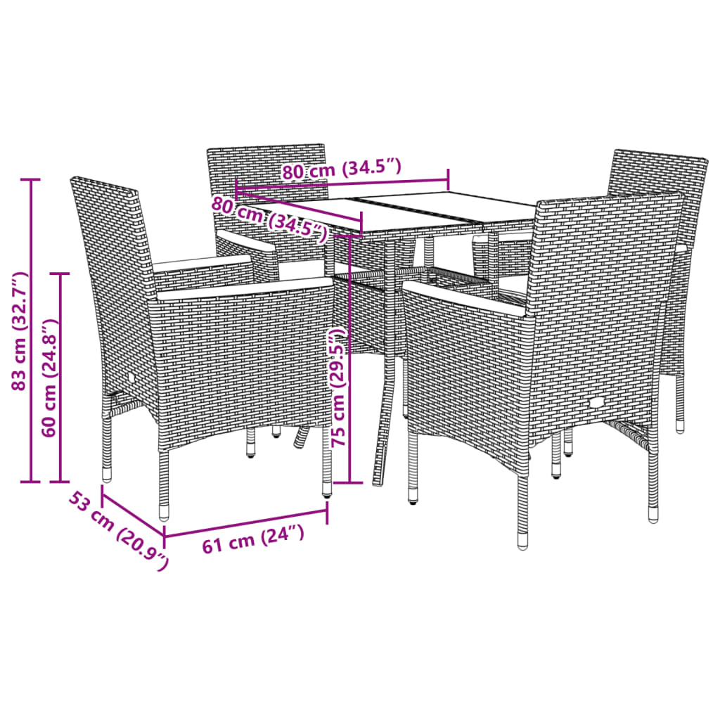 Set Pranzo Giardino 5 pz con Cuscini Grigio Polyrattan Acacia | homemem39