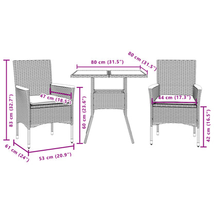 Set da Pranzo da Giardino 3pz con Cuscini in Polyrattan e Vetro | homemem39
