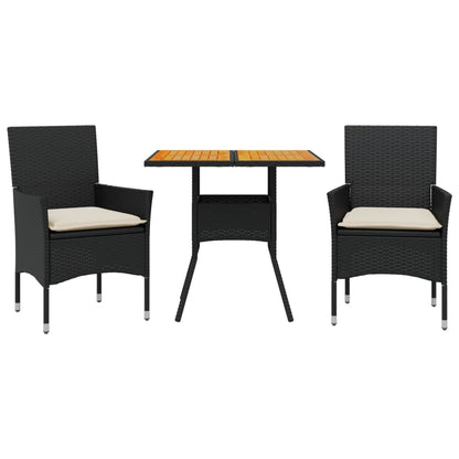 Set Pranzo da Giardino 3 pz con Cuscini Nero Polyrattan Acacia | homemem39