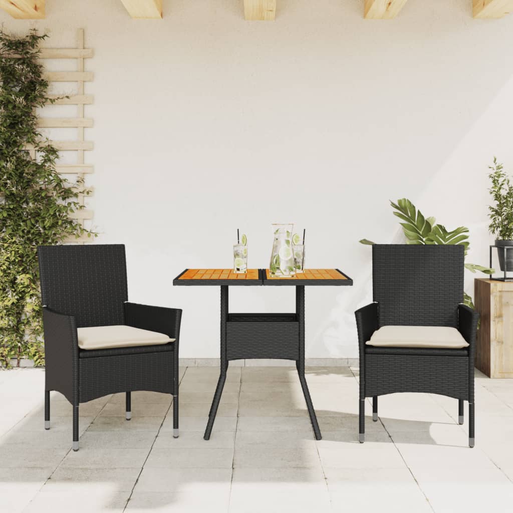 Set Pranzo da Giardino 3 pz con Cuscini Nero Polyrattan Acacia - homemem39