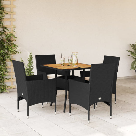 Set Pranzo da Giardino 5 pz con Cuscini Nero Polyrattan Acacia | homemem39