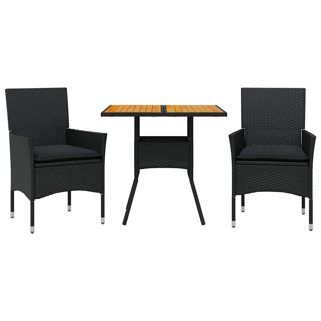 Set Pranzo da Giardino 3 pz con Cuscini Nero Polyrattan Acacia | homemem39